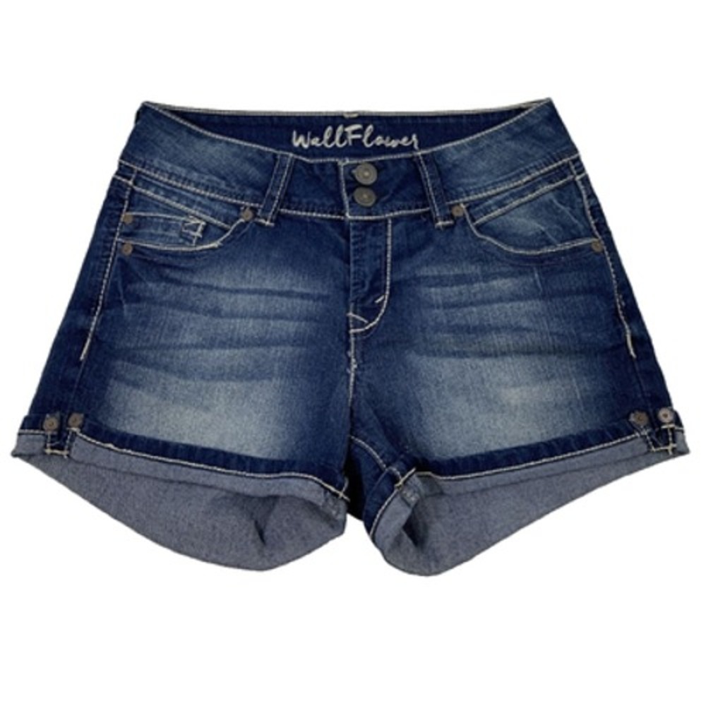 Wallflower Denim Shorts Junior 5 Blue Jean 2.5" Inseam Roll Up Flap Back Pockets